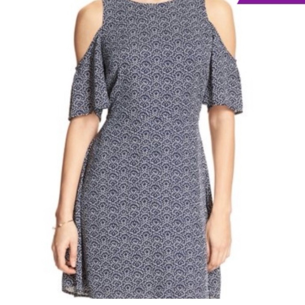 Banana Republic Cold Shoulder A-Line Dress Navy Blue Print Size 2 Short Sleeve